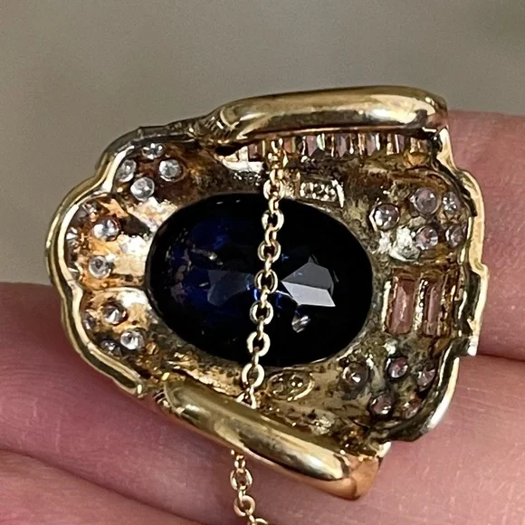 Kashmir sapphire cz gold plated solid sterling silver pendant & gold tone chain - Picture 6 of 7